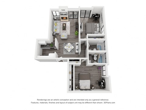 Floor plan for 2 beds, 2 baths, 921 sqft